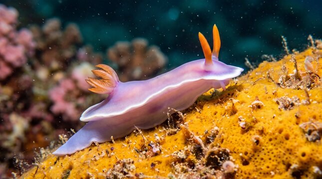 elegant purple sea slug (hypselodoris bullockii) crawling on yellow sponge coral