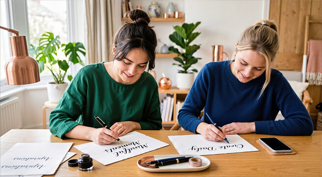 Two young women practicing calligraphy with fountain pens and black ink at a wooden desk in a bright studio. Friends writing mindful quotes on paper for creative hobby, artistic skill and focus