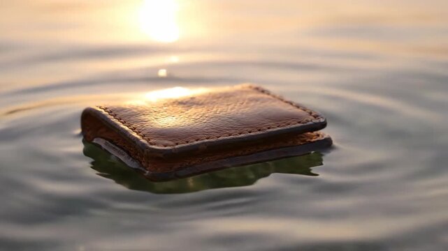 Brown leather wallet floating on calm water at golden hour, symbolizing loss.