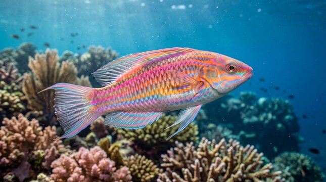 vibrant lineatus fairy wrasse (cirrhilabrus lineatus) swimming over shallow coral reef