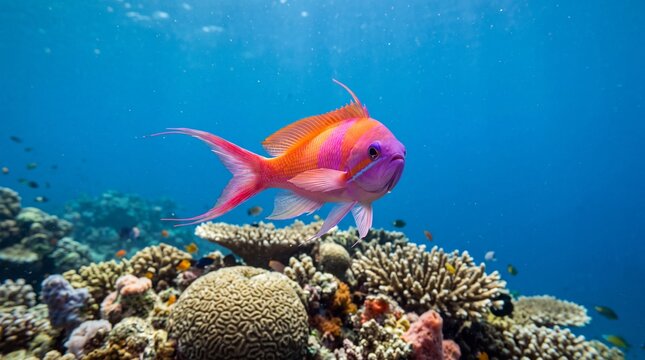 bright male lyretail anthias (pseudanthias squamipinnis) swimming above coral reef