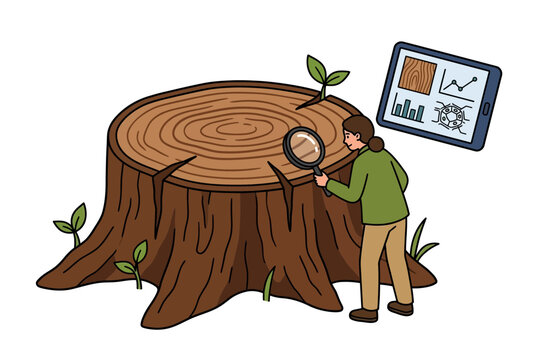Female scientist or environmental researcher examining growth rings on a large tree stump using a magnifying glass and digital tablet for dendrochronology study and forest ecology analysis.