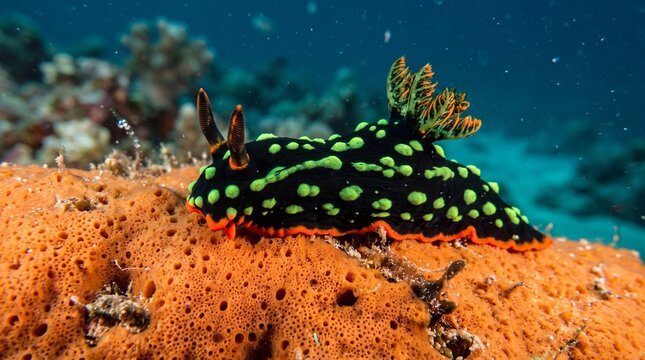 variable neon sea slug (nembrotha kubaryana) crawling on orange sea sponge