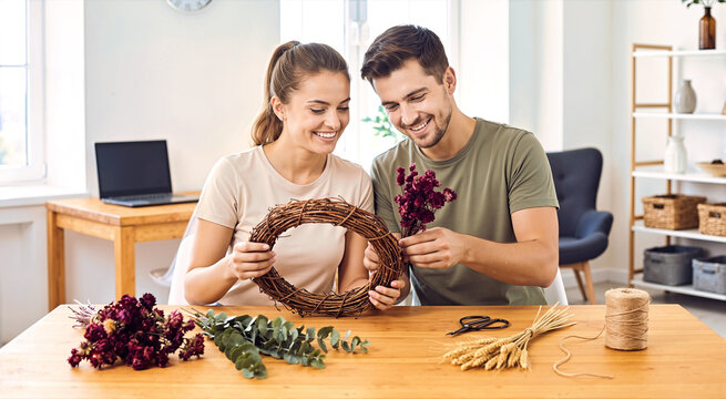 Smiling young couple assembling grapevine wreath with burgundy dried flowers and eucalyptus on wooden table. Man and woman creating floral arrangement together in bright studio. DIY hobby