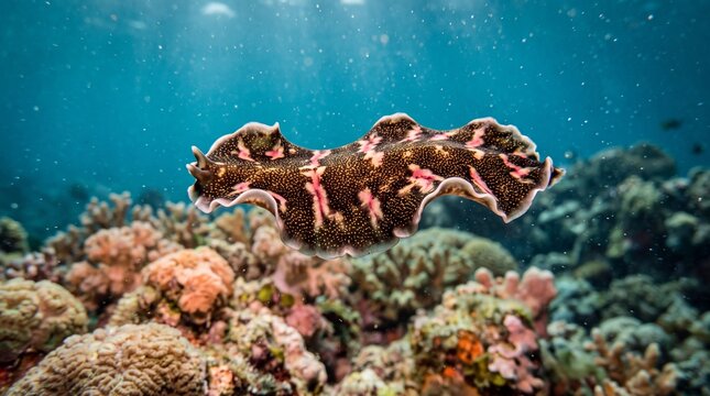 persian carpet flatworm (pseudobiceros bedfordi) swimming gracefully over tropical coral reef