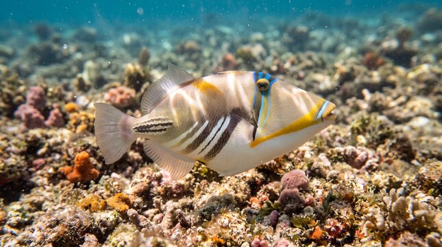 lagoon picasso triggerfish (rhinecanthus aculeatus) swimming over shallow sunlit coral reef