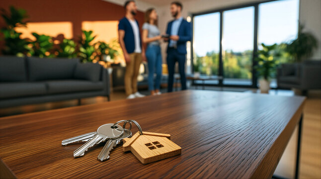 Silver keys with wooden house keychain on polished table in modern living room