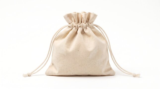 A simple beige fabric drawstring pouch with strings extended on a plain white background, ready for packaging or storage.