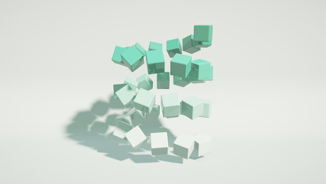 Jade green cubes rotating along a helix, kinetic geometry, 3D render