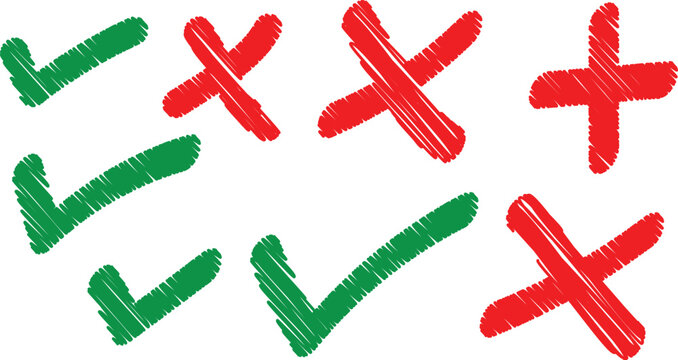 Hand drawn checkmarks and crosses representing choices and correct incorrect answers