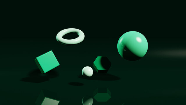 Dark green glossy floating geometric objects on dark, 3D render