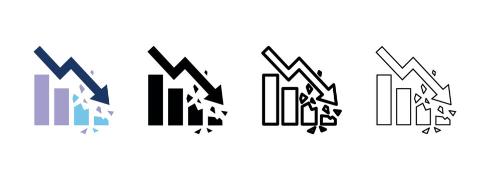 Business Financial Crisis Icon Set with Downward Crashing Bar Chart Arrow