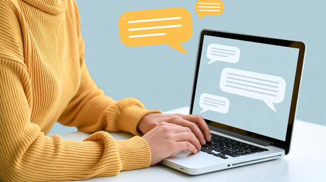 Faceless remote worker typing on a laptop while hostile digital messages appear on screen, workplace cyberbullying, toxic online communication, remote work stress, digital