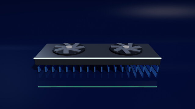 Midnight blue graphics card with dual cooling fans, 3D render