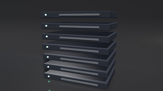 Gray stack of rack-mounted blade servers, 3D render