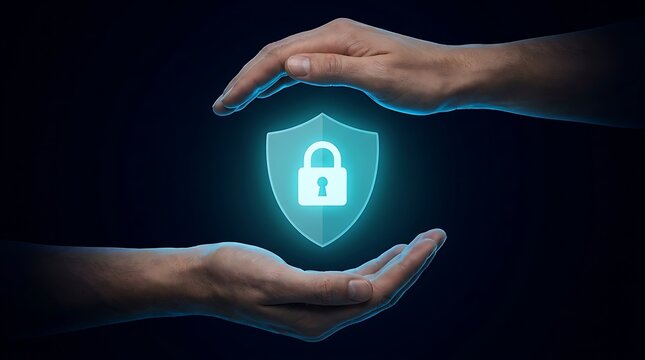 Human Hands Protecting a Glowing Blue Shield with Padlock Icon, Symbolizing Cybersecurity, Digital Data Protection, and Information Privacy on a Dark Background.