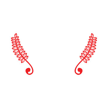Flat vector illustration of two symmetrical red decorative laurel wreath branches with curved floral stems.