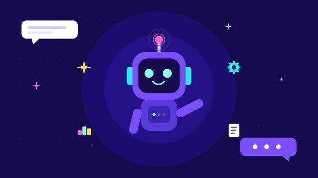 Friendly AI Assistant Robot Chatting with Floating Chat Bubbles and Icons