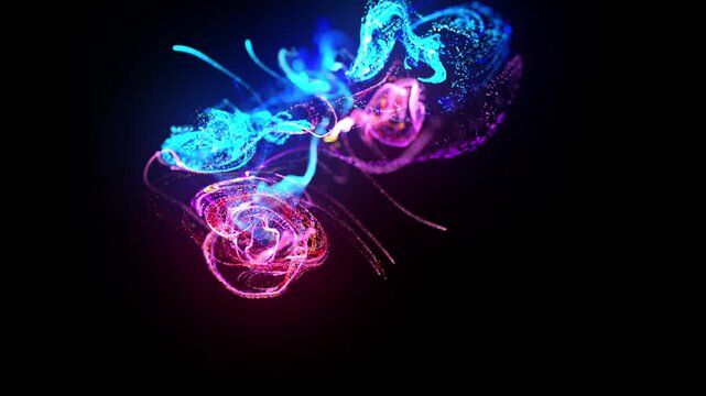 3d render glowing ink Bright cosmic particles merge dynamically. Energetic collision of multicolored nebula fragments in space. Vibrant particles from nebulae collide energetically in vastness of inky