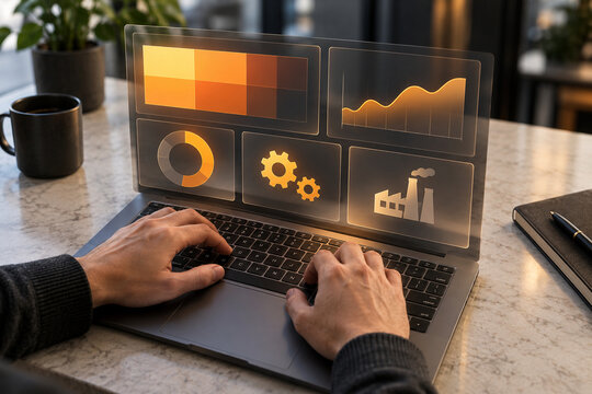 Hands typing on laptop with orange industry dashboard, gears and factory