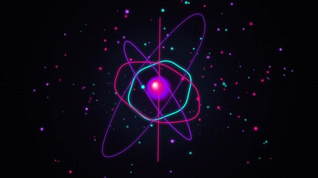 Abstract science background featuring a glowing neon atom model with complex orbiting particle rings