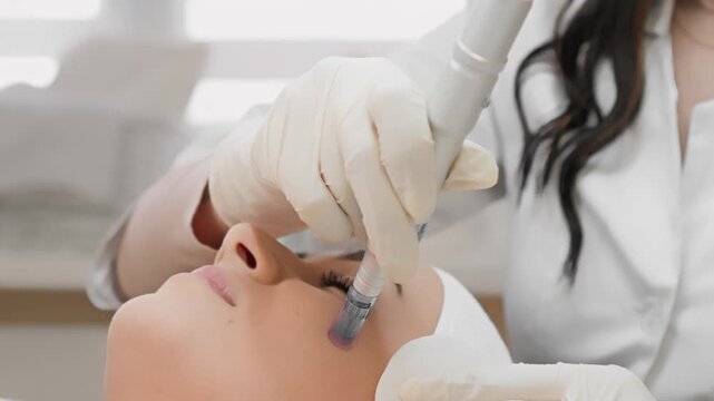 Aesthetician uses a microneedling device on a female client's face, wearing gloves for hygiene. The session takes place in a bright, contemporary spa environment focused on skincare