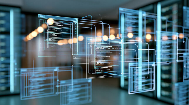 Relational database schema diagrams floating over a modern data center background, structured tables, connected entities, SQL architecture, backend system design, enterprise