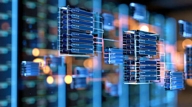 Relational database schema diagrams floating over a modern data center background, structured tables, connected entities, SQL architecture, backend system design, enterprise