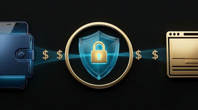 Secure Digital Payment and Online Money Transfer Protection 3D Illustration Featuring Shield Padlock and Smartphone