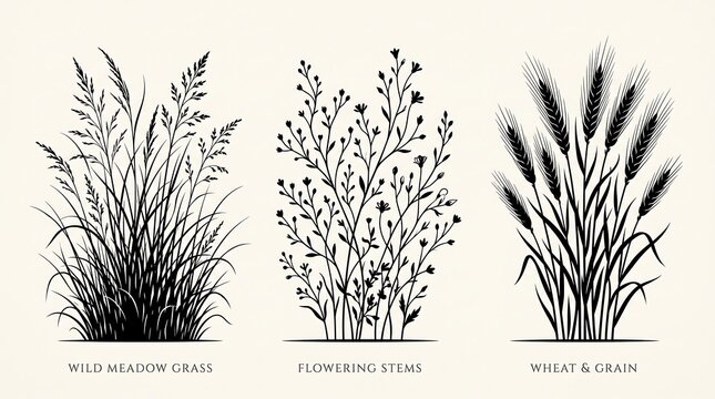 Wild meadow grass silhouette, flowering stems floral illustration, wheat and grain harvest botanical set