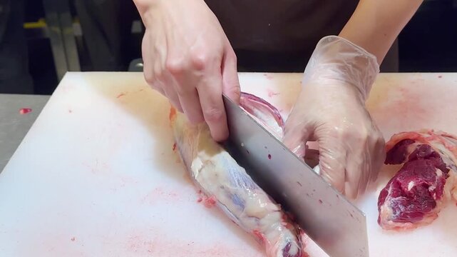 Chef Hands in Gloves Thinly Slicing Premium Beef on White Professional Surface &ndash; Preparing Thin Translucent Meat Layers for Gourmet Dish