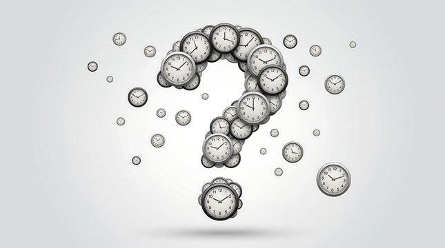 Numerous analog clocks forming a question mark shape against a light gray background representing time and inquiry