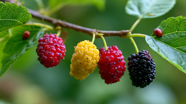 Fresh mulberries in various stages of ripeness hanging on the tree branch with green leaves