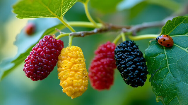 Colorful mulberries hanging from a branch with green leaves and ladybugs