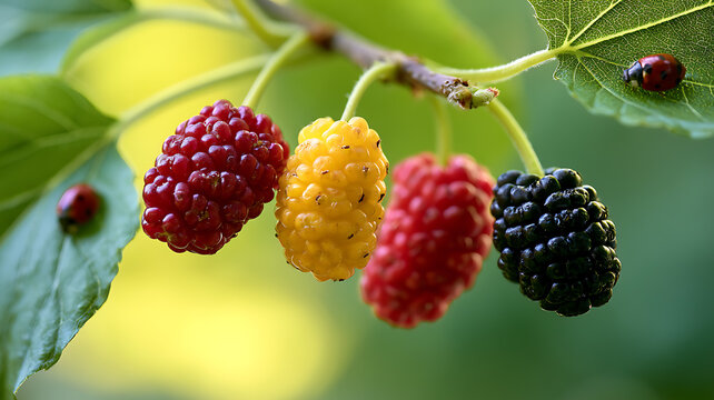 A branch of mulberry fruit with colorful mulberries and ladybugs