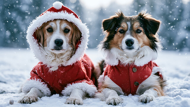 Two adorable dogs in festive winter clothing lying in the snow
