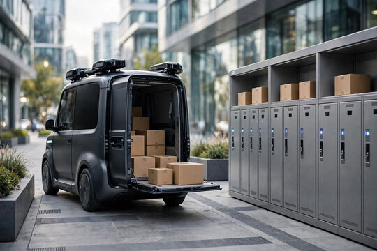 Autonomous delivery van unloading parcels at a smart parcel locker bank on a city sidewalk