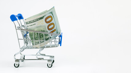 Miniature shopping cart holds US hundred dollar bills, symbolizing consumer spending, purchasing power, cash budgeting, and money set aside for everyday purchases on clean white studio background © RollAndSnap