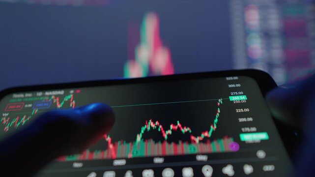 A person analyzes a bullish stock chart on a mobile device, focusing on market growth and trading opportunities. Modern technology and finance merge in this dynamic investment scene