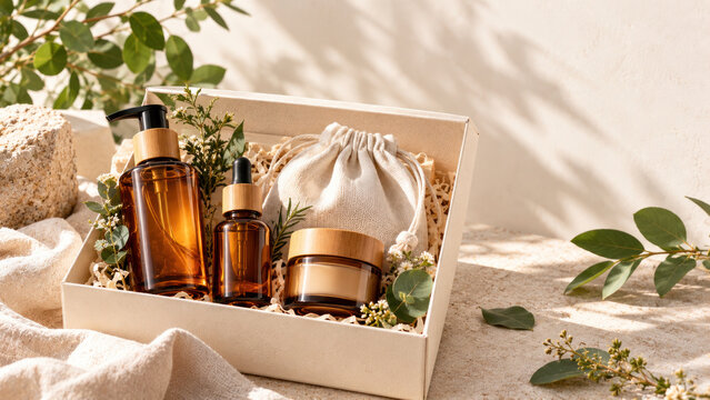 Natural skincare gift set with amber glass bottles, dropper, cream jar, and eco-friendly packaging, perfect for beauty and wellness products