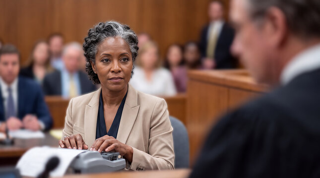 Court reporter typing on stenotype machine during trial, legal transcription and courtroom proceedings