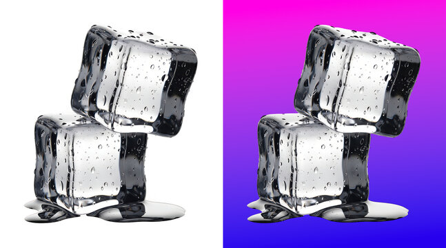 Two clear ice cubes stacked together with water droplets isolated on a white background