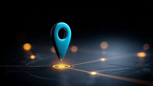 A location pin hovering above a digital map marker represents GPS navigation and precise real time location tracking.