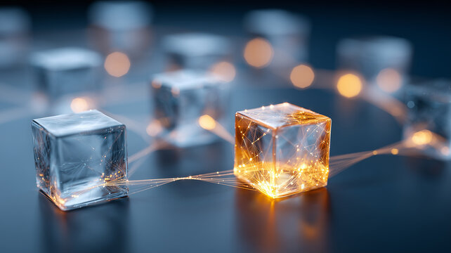 Transparent cubes connected by glowing lines represent decentralized networks and secure data exchange across digital systems.