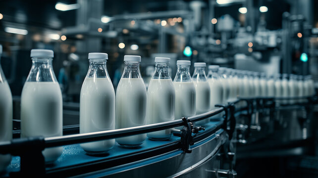 Glass milk bottles on a factory conveyor belt illustrate automated dairy processing and large scale beverage production.