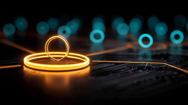 A glowing circular marker highlighted among connected rings on an electronic circuit board illustrates digital selection and network identification.