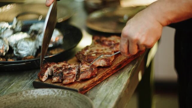 Chef cutting grilled meat on a wooden board with potatoes in foil on a table