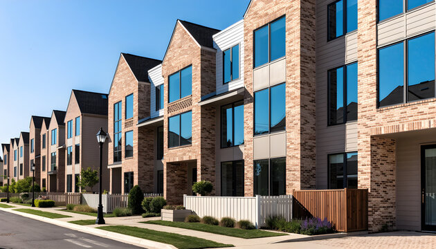 Modern brick townhouses with large windows and wooden accents on suburban street