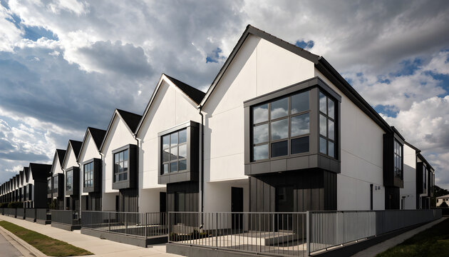 Modern row of contemporary townhouses with large windows and balconies under cloudy sky