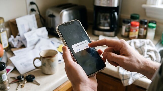 Close up of hands tapping 'Clear' on a smartphone notification pop-up to manage digital alerts.